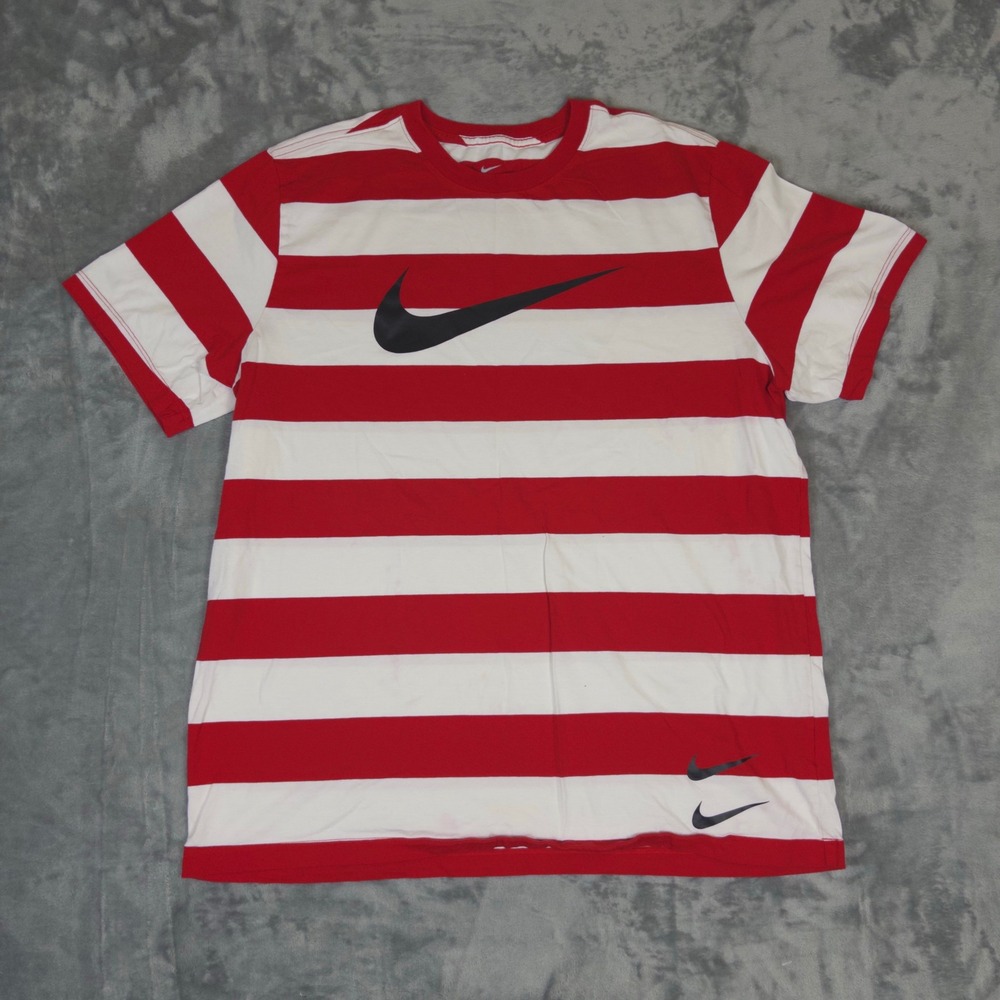 Nike T-Shirt Mens XL Red White Striped Swoosh Logo Short Sleeve Tee